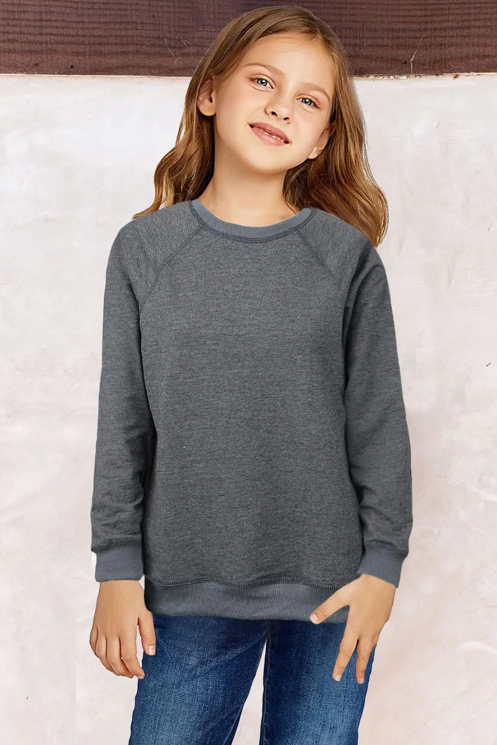 Girls Grey Raglan Crewneck Sweatshirt