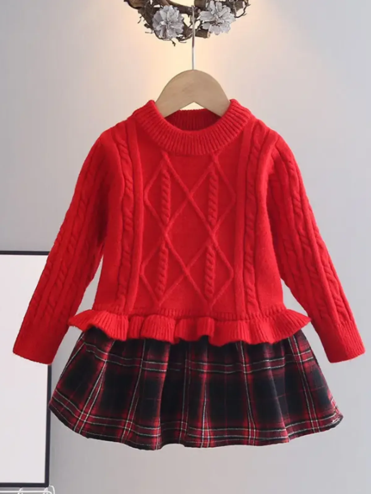 Girls Knit Sweater Dress with Plaid Skirt