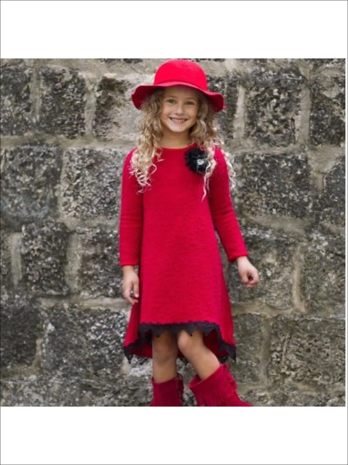 Girls Red Hi Low A-Line Sweater Dress