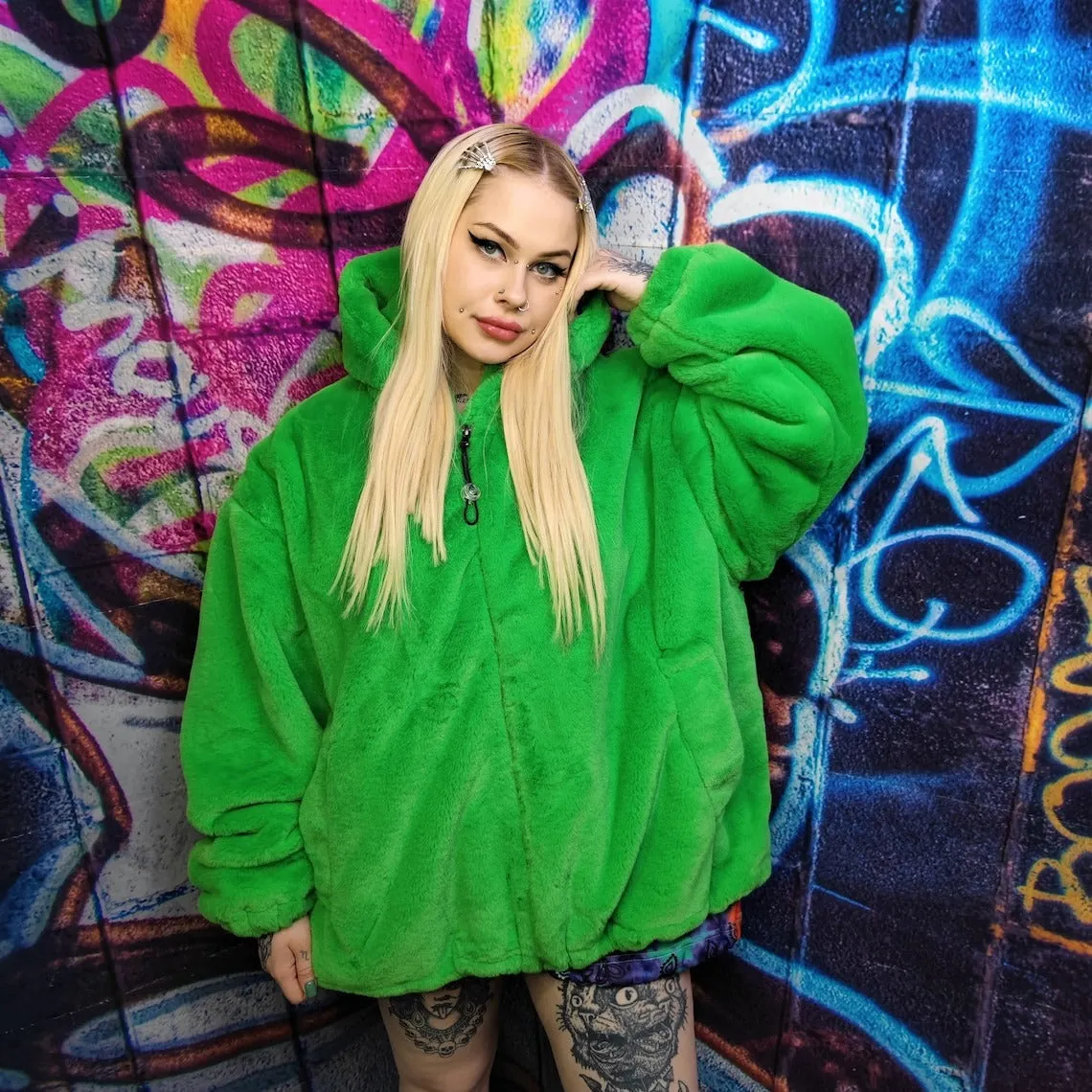 Green fleece jacket handmade detachable fluffy bomber fluorescent faux fur premium raver coat in bright neon techno green