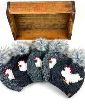 Grey Knit Furry Chicken Beanie Wool Blend Womens Adult Hat Faux Fur Pom Pom Hat