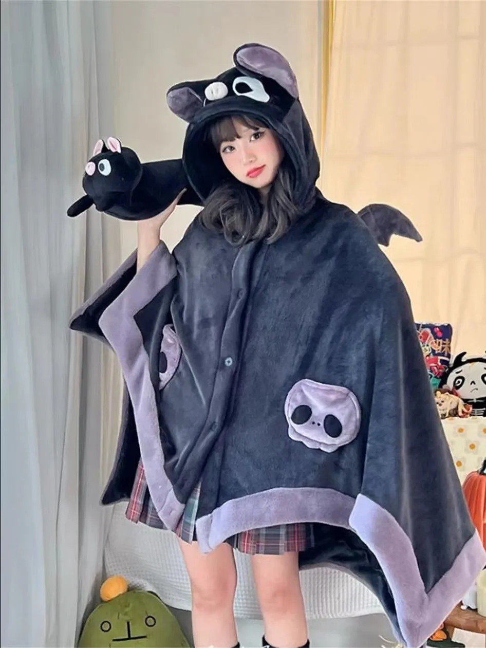 Halloween Kawaii Cute Bat Girl Flannel Hooded Blanket Cape Cozy Wrap