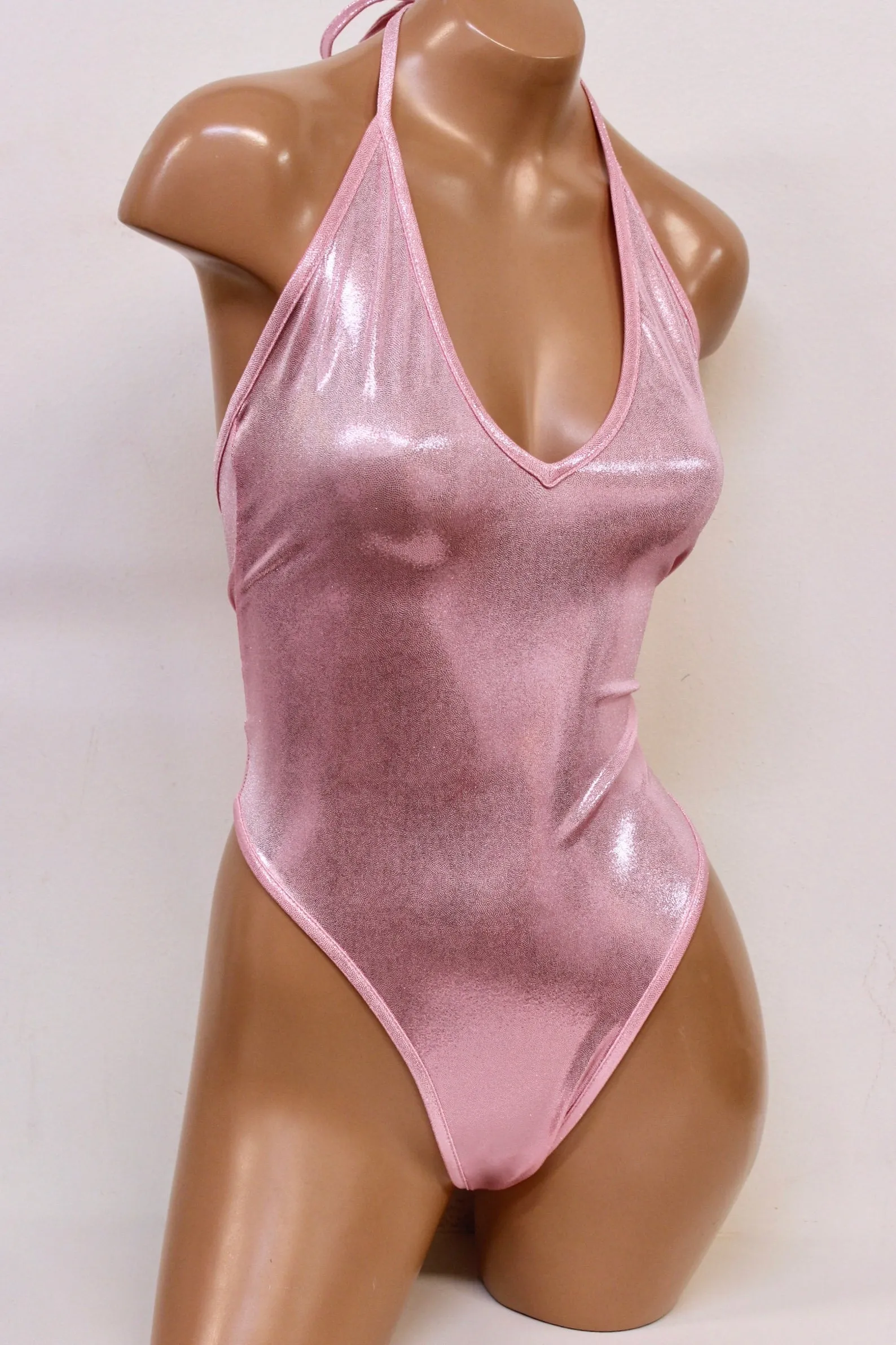 Hologram High Cut Halter Bodysuit in Baby Pink