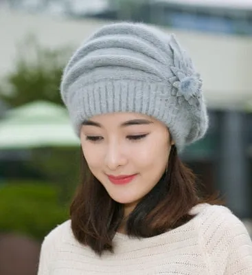 Hot Berets Hat Beanie Fashion Spring Autumn Winter Hat Warm Flower Knit Crochet Cute Casual Cap For Women&#39;s Girl Female