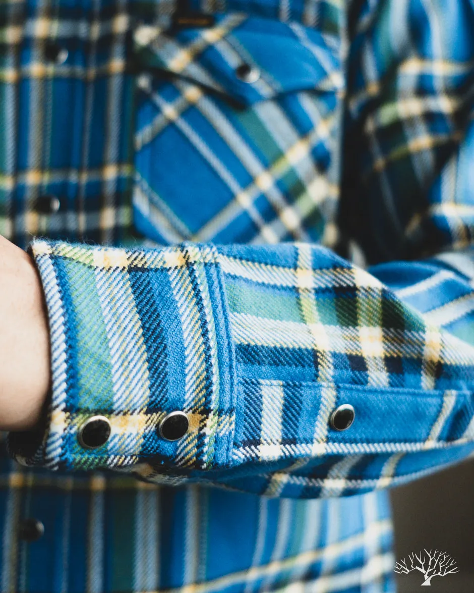 IHSH-370-BLU - Ultra Heavy Flannel Western Shirt - Blue Tartan Check