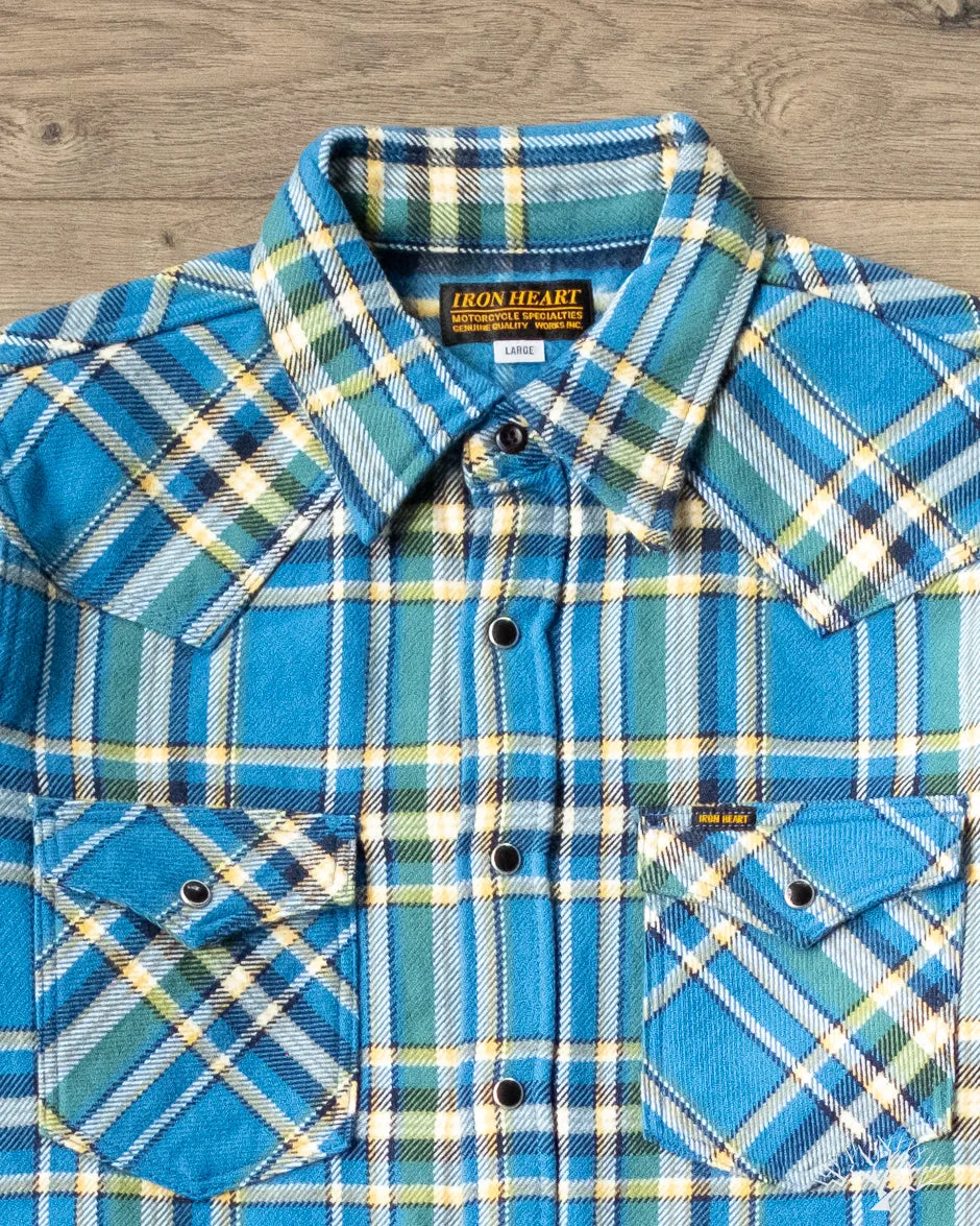 IHSH-370-BLU - Ultra Heavy Flannel Western Shirt - Blue Tartan Check