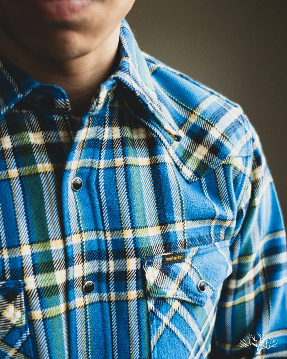 IHSH-370-BLU - Ultra Heavy Flannel Western Shirt - Blue Tartan Check