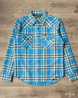 IHSH-370-BLU - Ultra Heavy Flannel Western Shirt - Blue Tartan Check