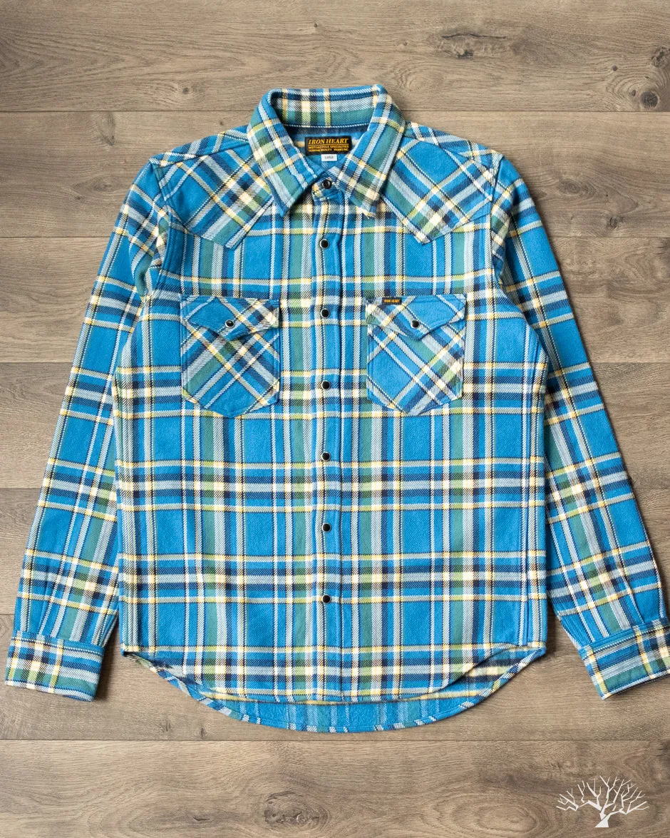 IHSH-370-BLU - Ultra Heavy Flannel Western Shirt - Blue Tartan Check