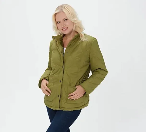 Isaac Mizrahi Live! Reversible Quilted to Sherpa Jacket Medium Green Olive