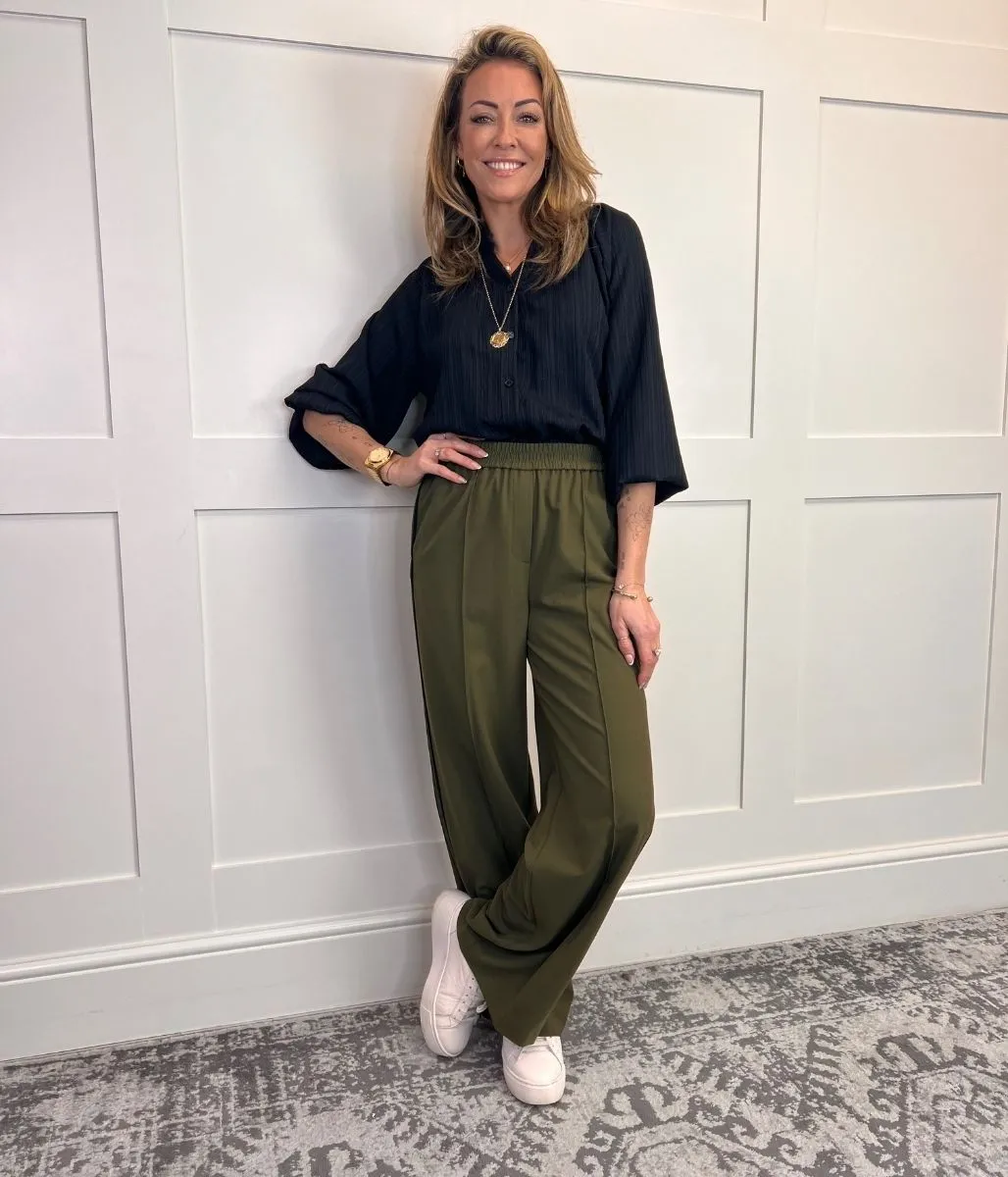 Khaki Side Stripe Wide Leg Trousers