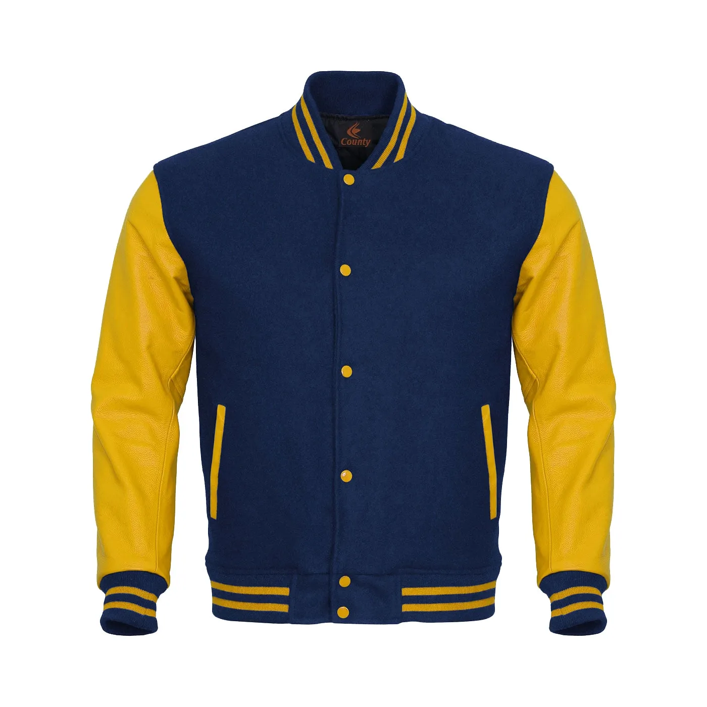 Ladies Varsity Jacket Navy Blue Body and Yellow Leather Sleeves Varsity Jacket