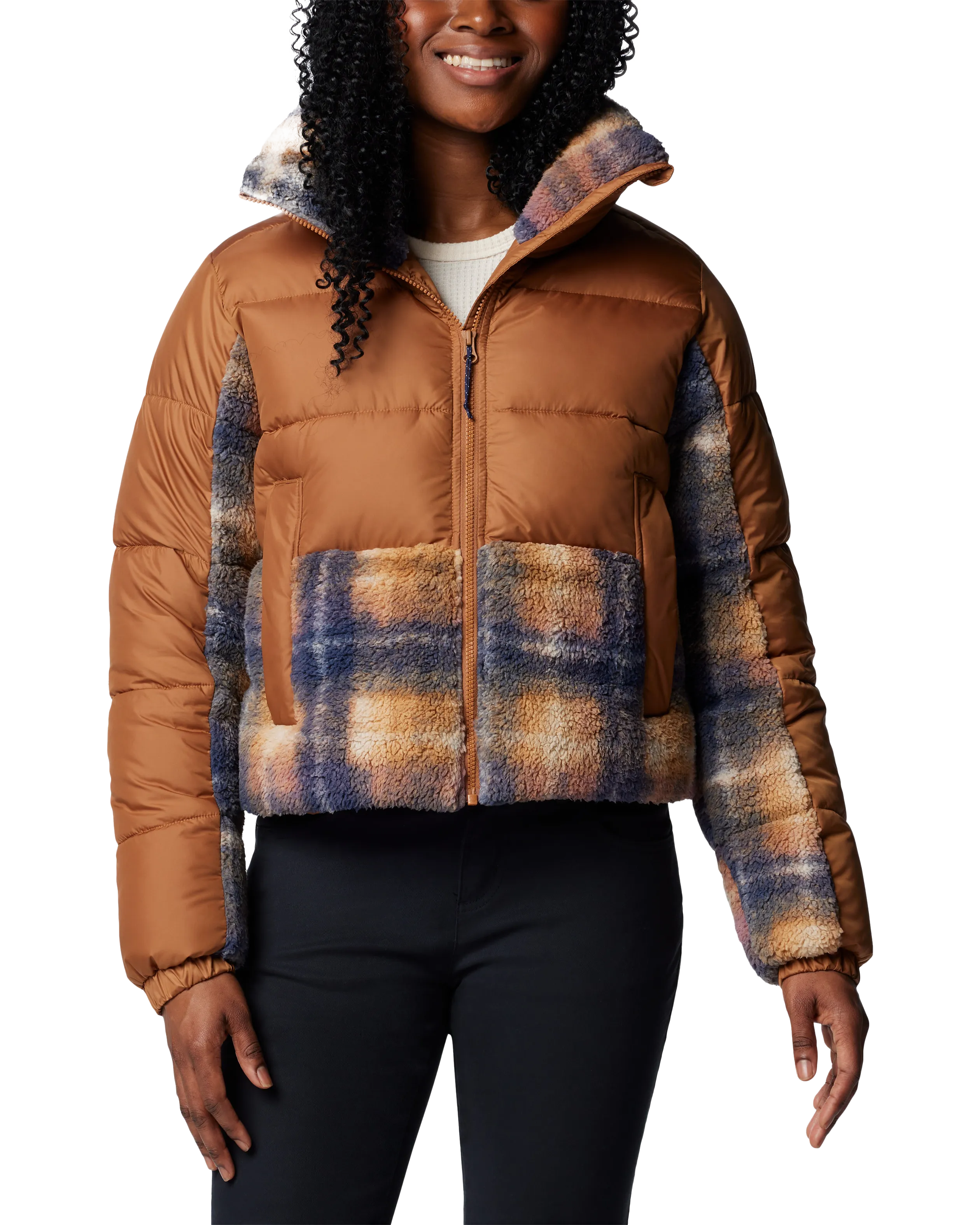 Leadbetter Point II Print Sherpa Hybrid Jacket in Camel Brown & Nocturnal Omblur Print