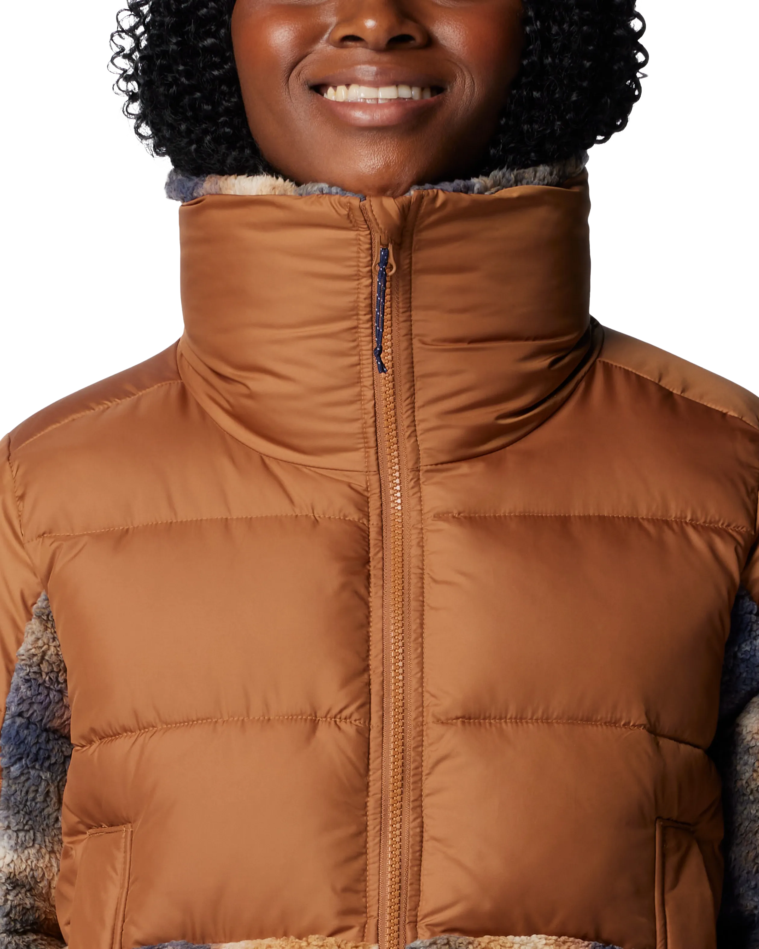 Leadbetter Point II Print Sherpa Hybrid Jacket in Camel Brown & Nocturnal Omblur Print