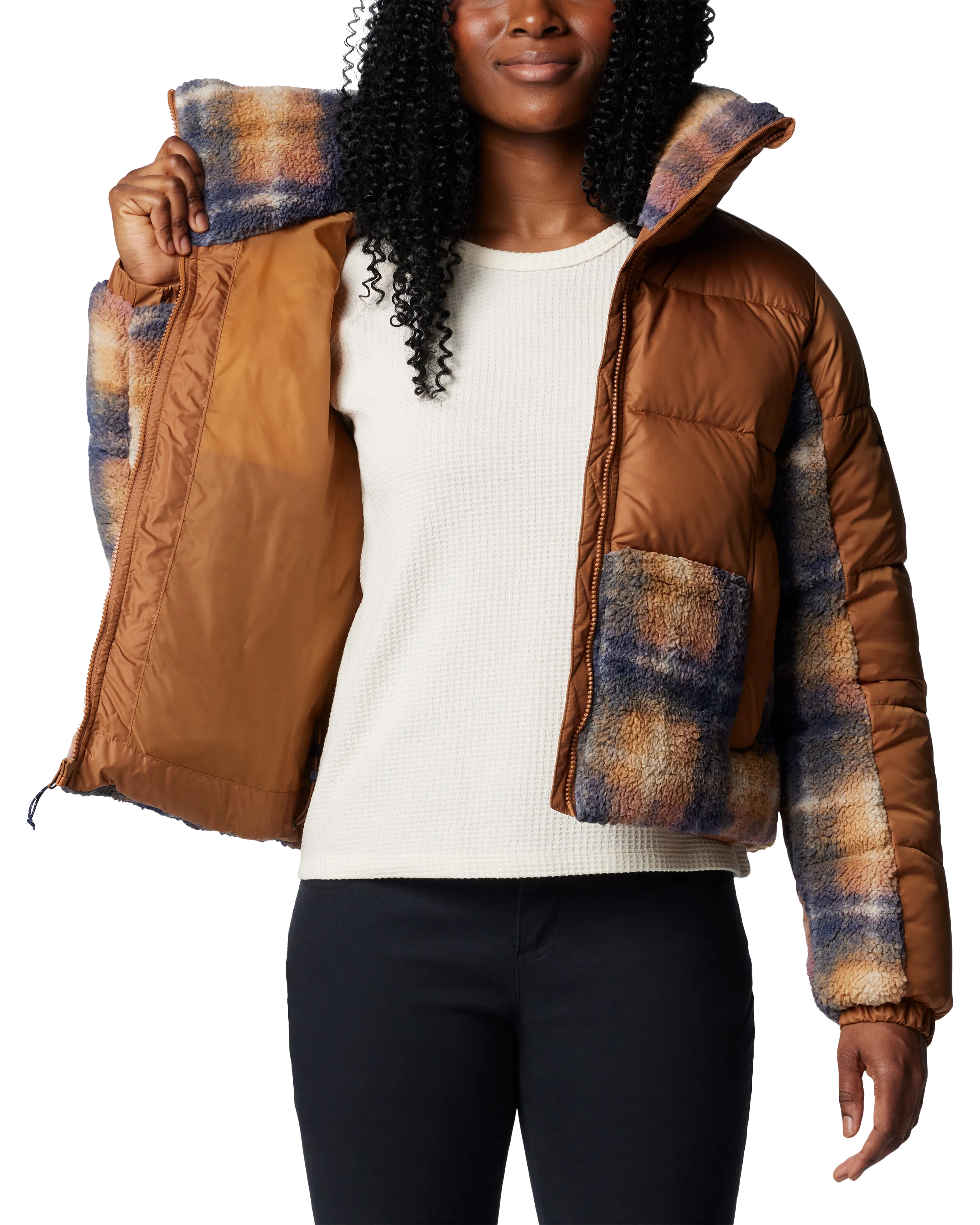 Leadbetter Point II Print Sherpa Hybrid Jacket in Camel Brown & Nocturnal Omblur Print