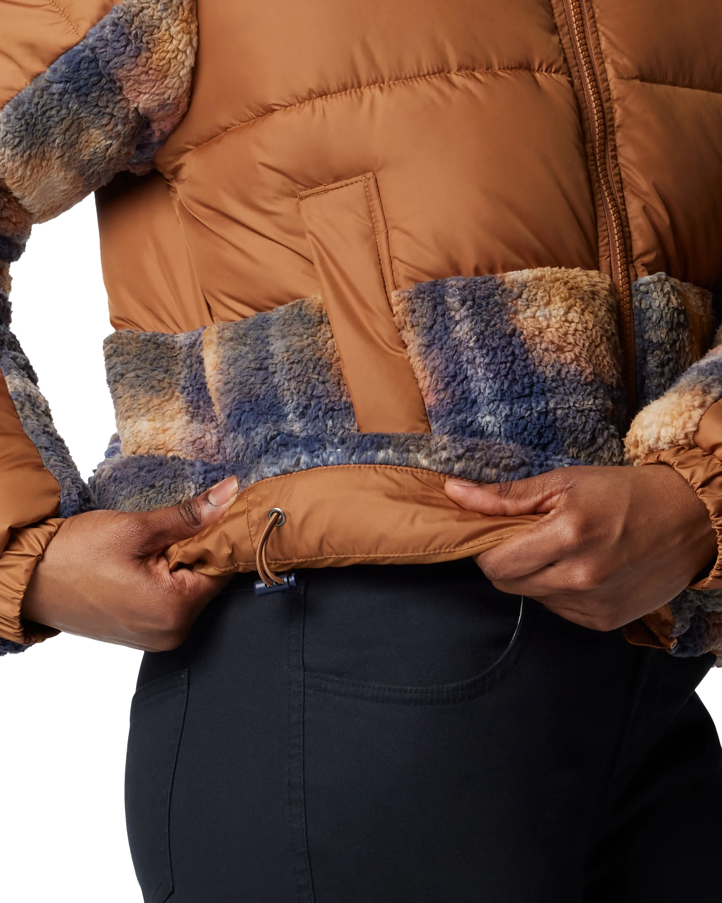 Leadbetter Point II Print Sherpa Hybrid Jacket in Camel Brown & Nocturnal Omblur Print