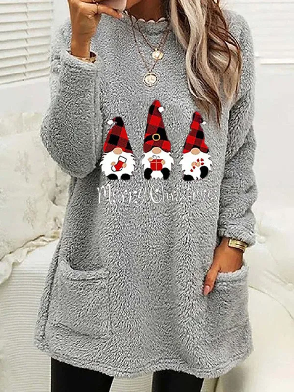 Lillie Women's Long Sleeve Casual Round Neck Pullover Pocket Christmas Plush Sweatshirt