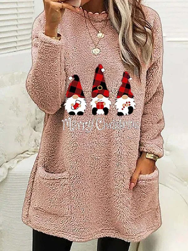 Lillie Women's Long Sleeve Casual Round Neck Pullover Pocket Christmas Plush Sweatshirt