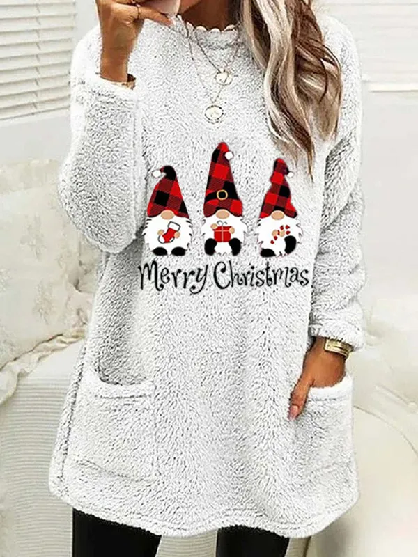 Lillie Women's Long Sleeve Casual Round Neck Pullover Pocket Christmas Plush Sweatshirt