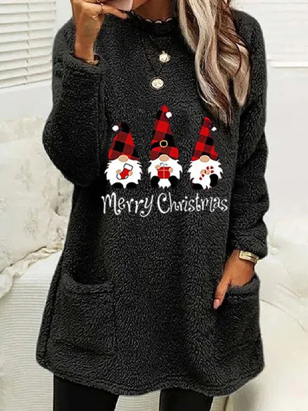 Lillie Women's Long Sleeve Casual Round Neck Pullover Pocket Christmas Plush Sweatshirt