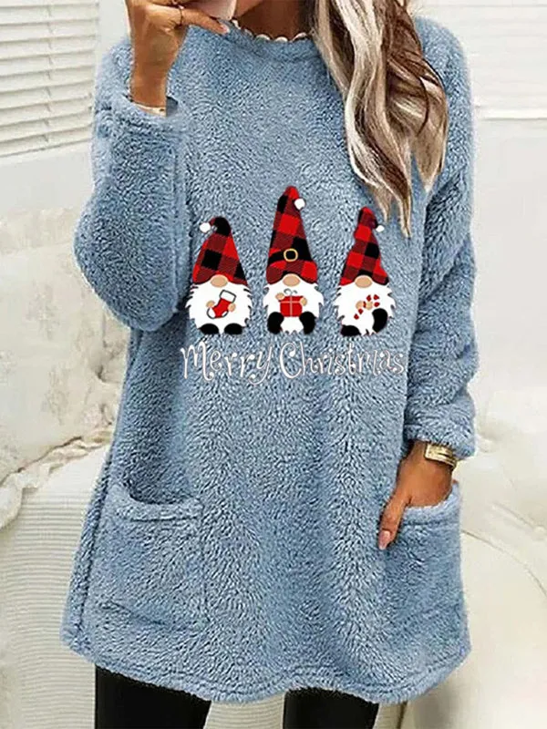 Lillie Women's Long Sleeve Casual Round Neck Pullover Pocket Christmas Plush Sweatshirt