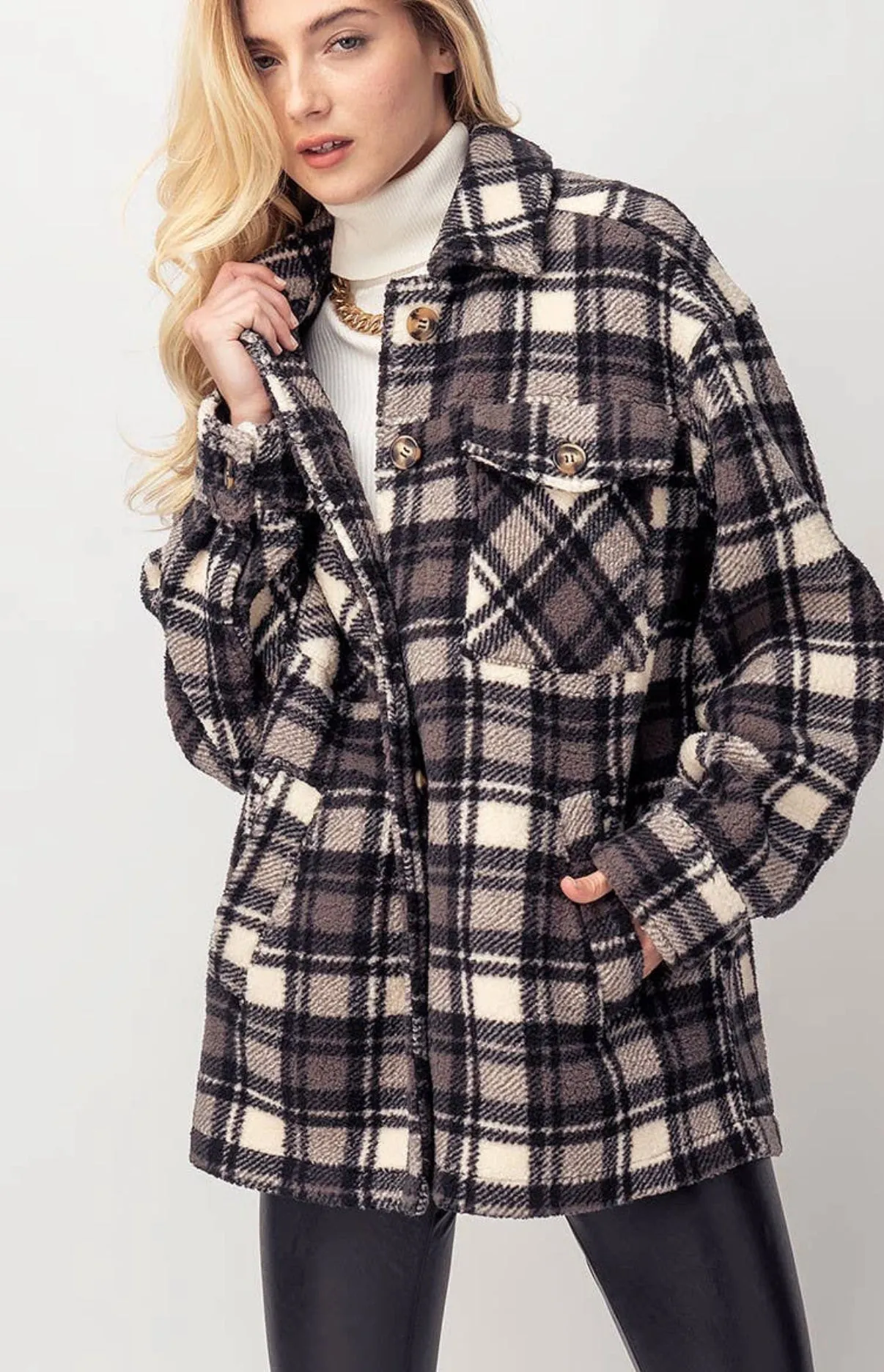 Love Tree  Plaid Sherpa Shirt Jacket