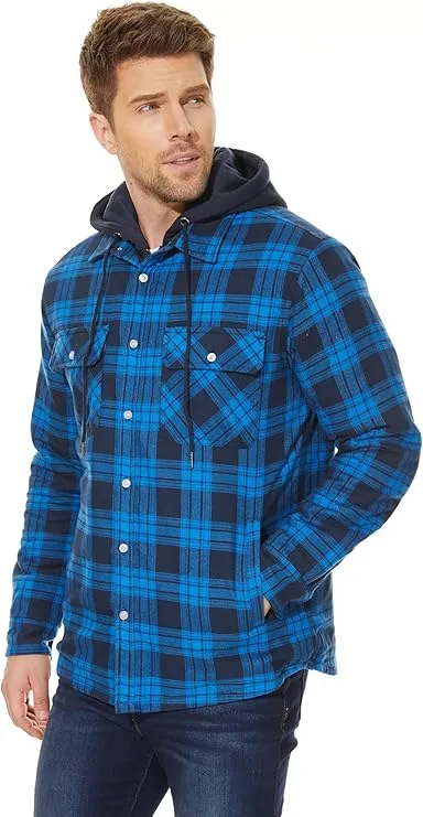 Men's Bright Blue Flannel Shirt Lumberjack Jacket with Removable Hood