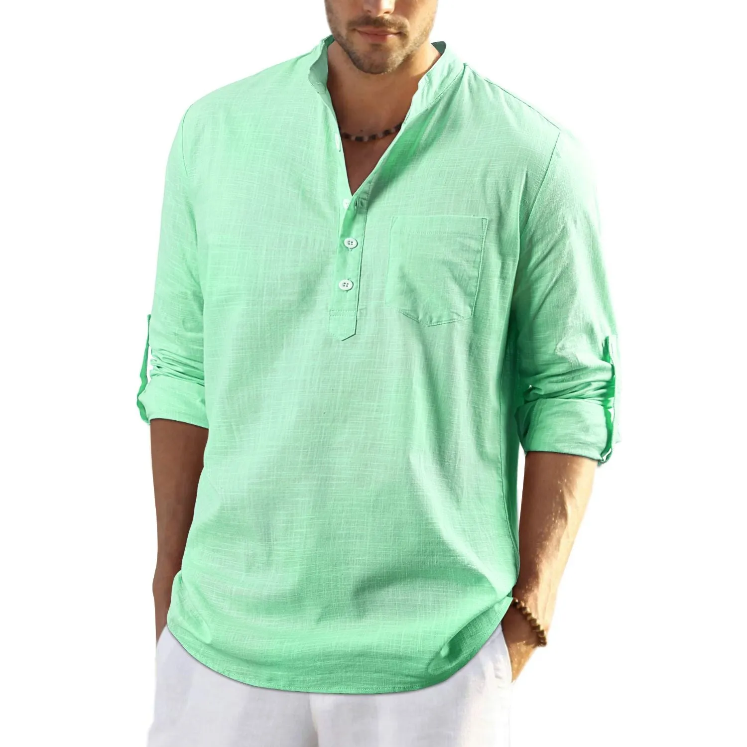 Men‘s Henley Shirt Linen with Pocket - GREEN