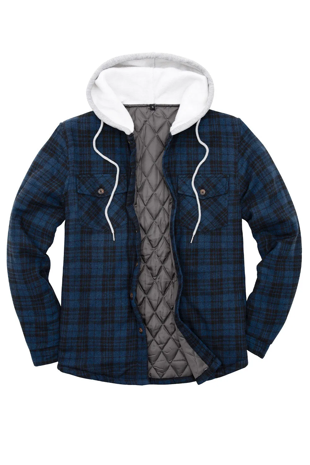 Men's Quilted Lined Button Down Plaid Flannel Shirt Jacket with Hood