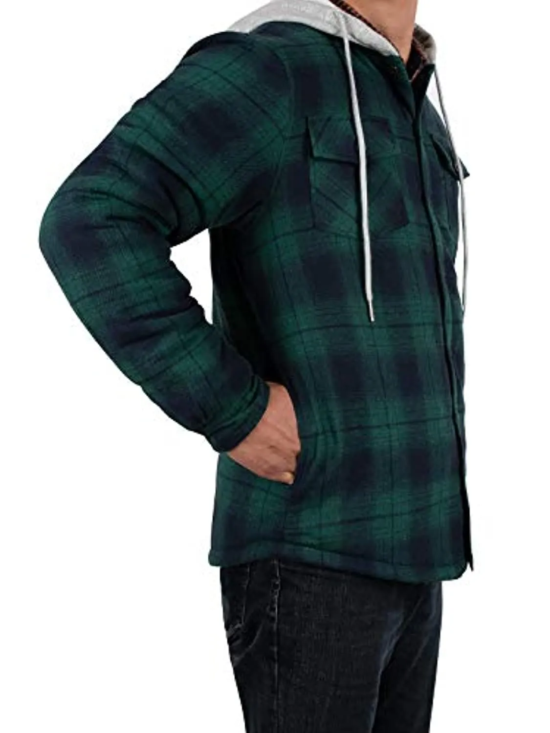 Men's Quilted Lined Button Down Plaid Flannel Shirt Jacket with Hood