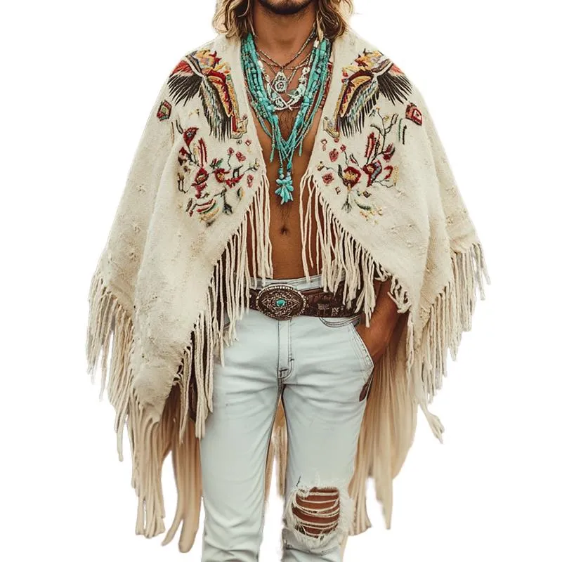 Men's Vintage Casual Linen Eagle Feather Embroidered Cape 08777353TO