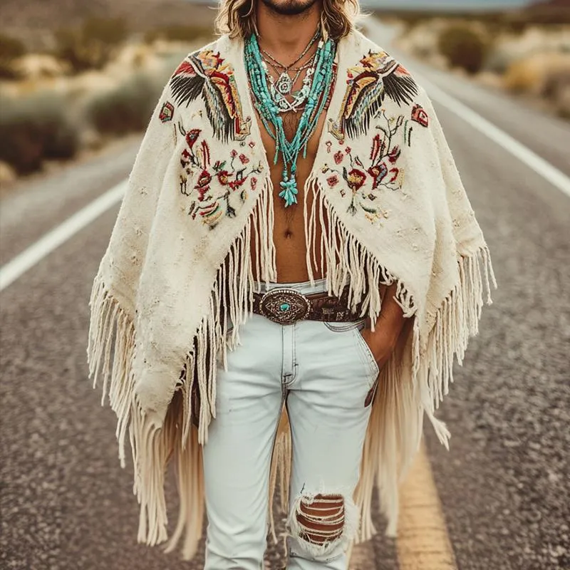 Men's Vintage Casual Linen Eagle Feather Embroidered Cape 08777353TO