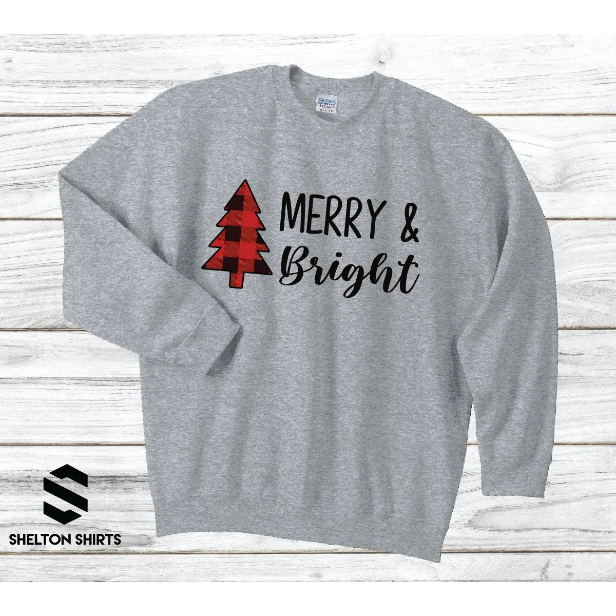 Merry and Bright with Buffalo Plaid Tree - Super Comfy Crewneck Black Unisex Sweatshirt