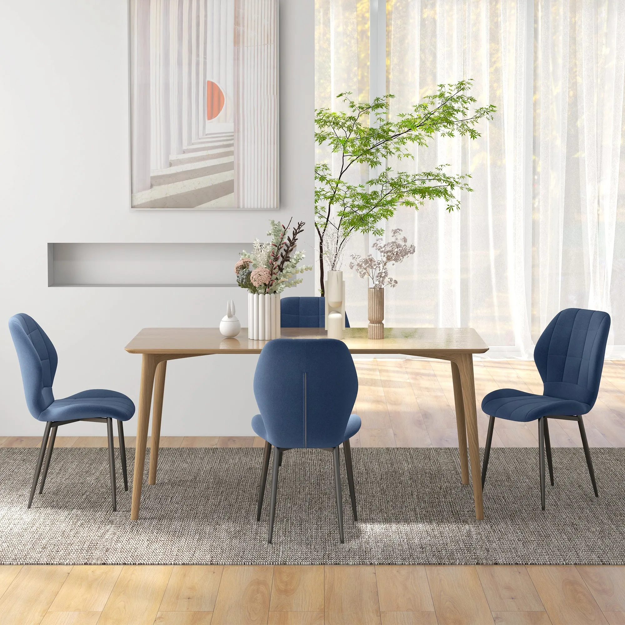 Modern Style Kitchen Chairs Set of 4 with Flannel Upholstered, Dark Blue