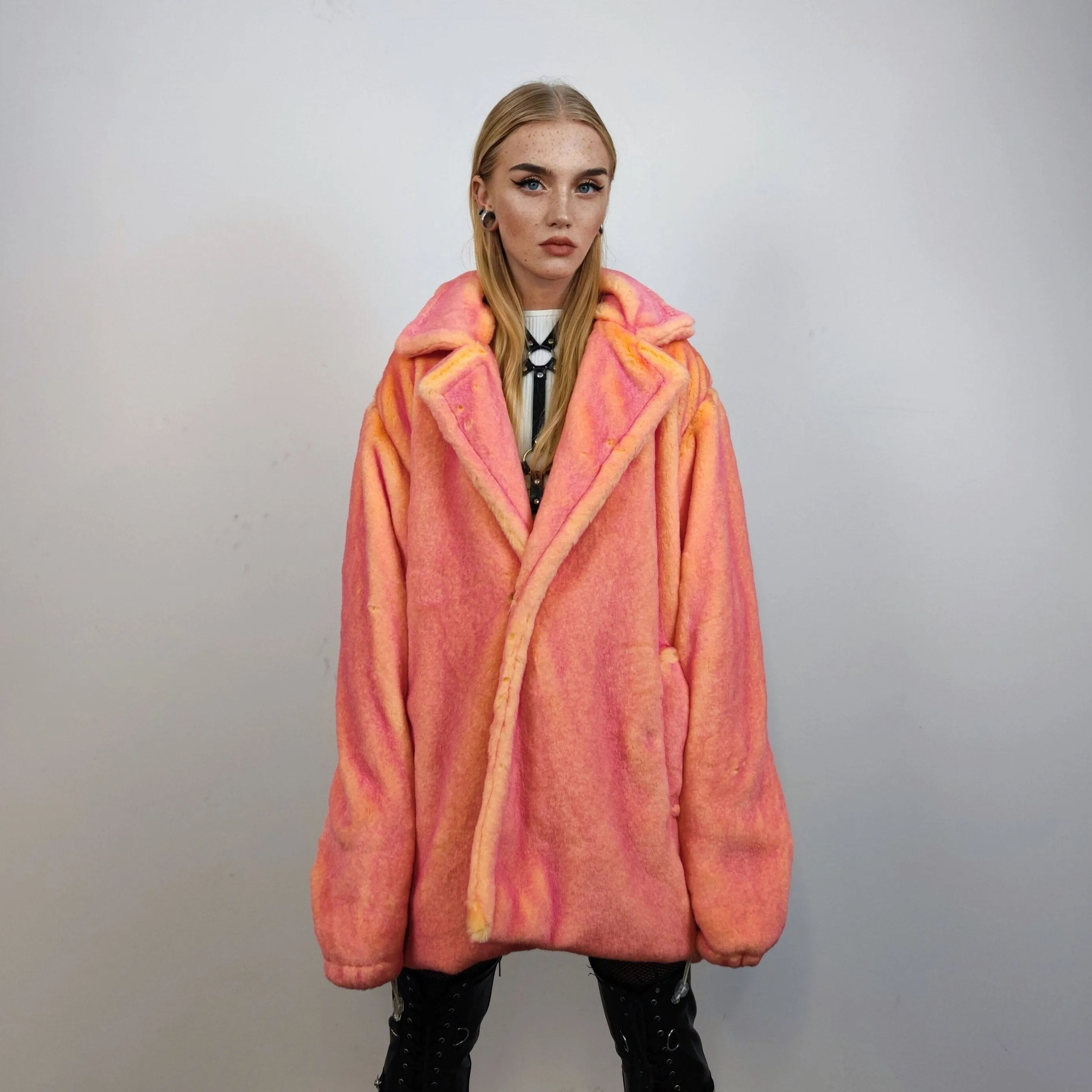 Neon faux fur jacket color changing bomber handmade detachable trench coat fluorescent fleece glowing festival mac in pink electric orange