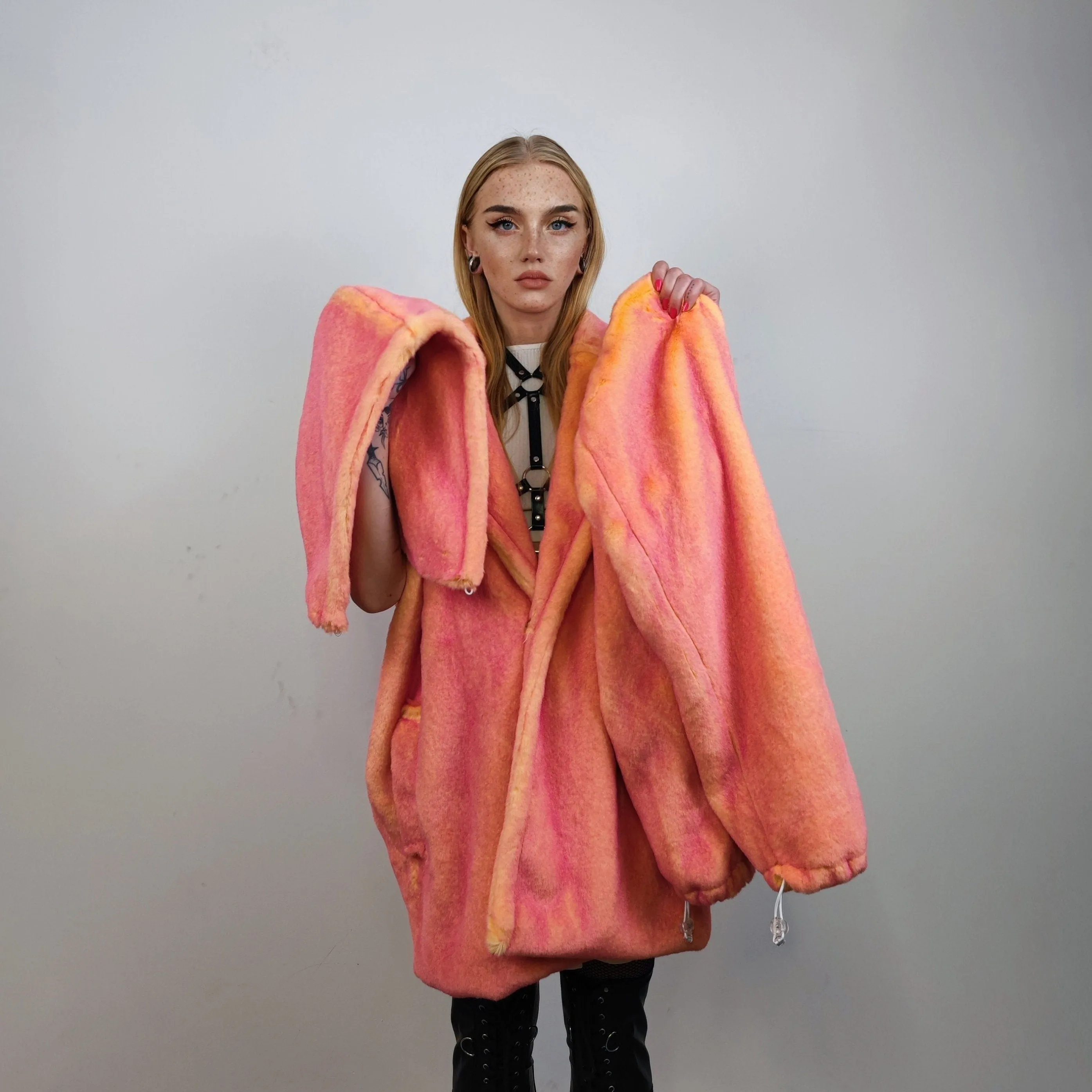 Neon faux fur jacket color changing bomber handmade detachable trench coat fluorescent fleece glowing festival mac in pink electric orange