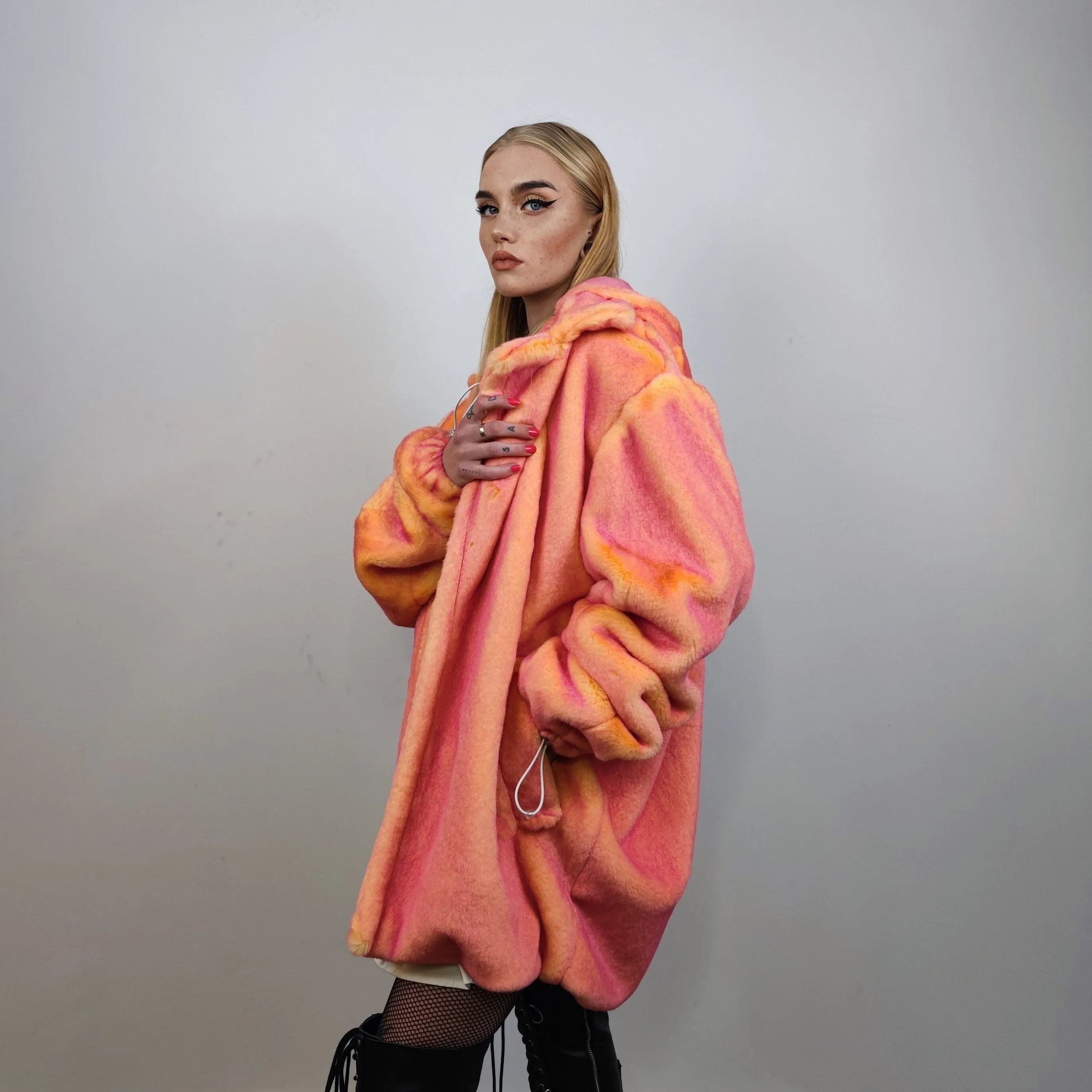 Neon faux fur jacket color changing bomber handmade detachable trench coat fluorescent fleece glowing festival mac in pink electric orange