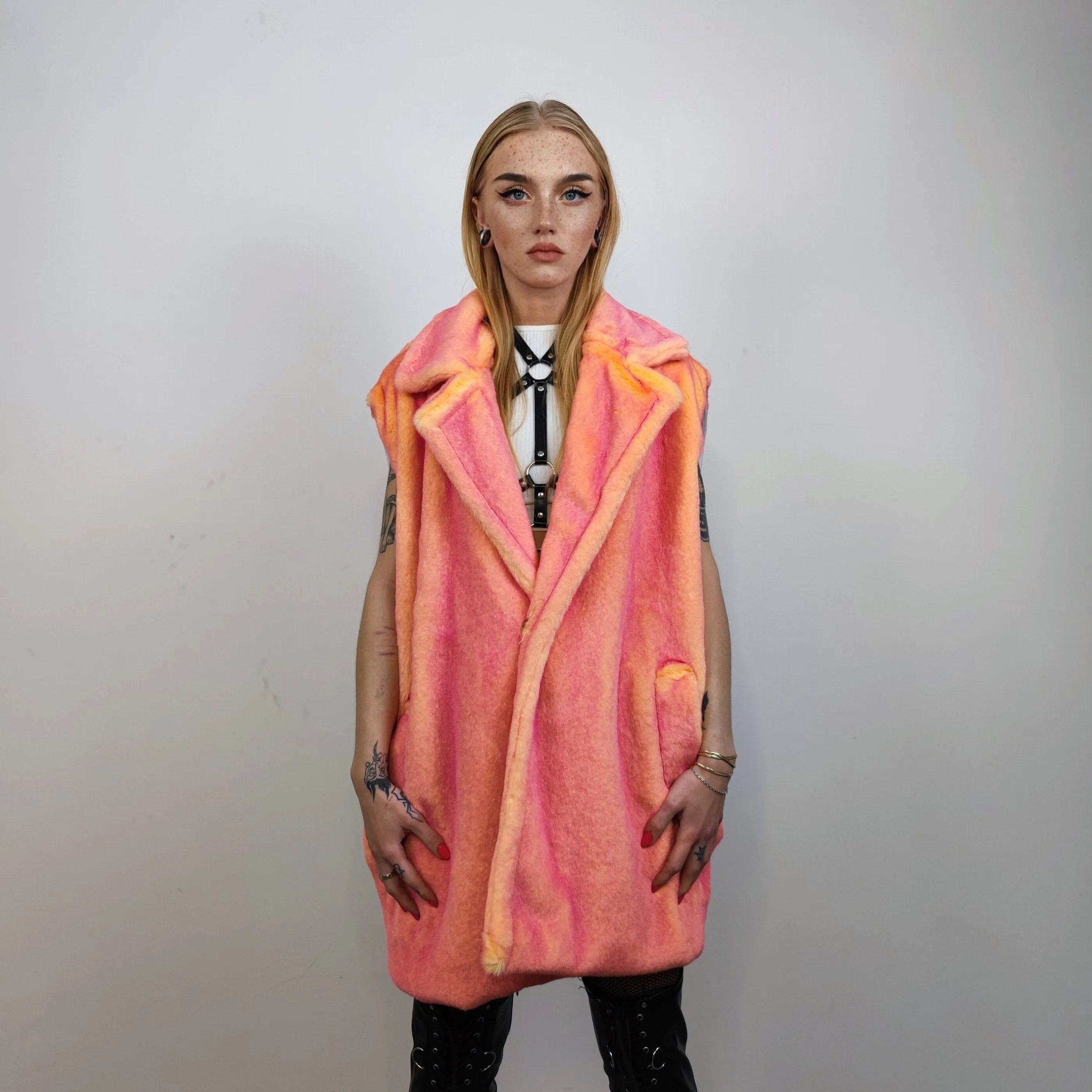 Neon faux fur jacket color changing bomber handmade detachable trench coat fluorescent fleece glowing festival mac in pink electric orange