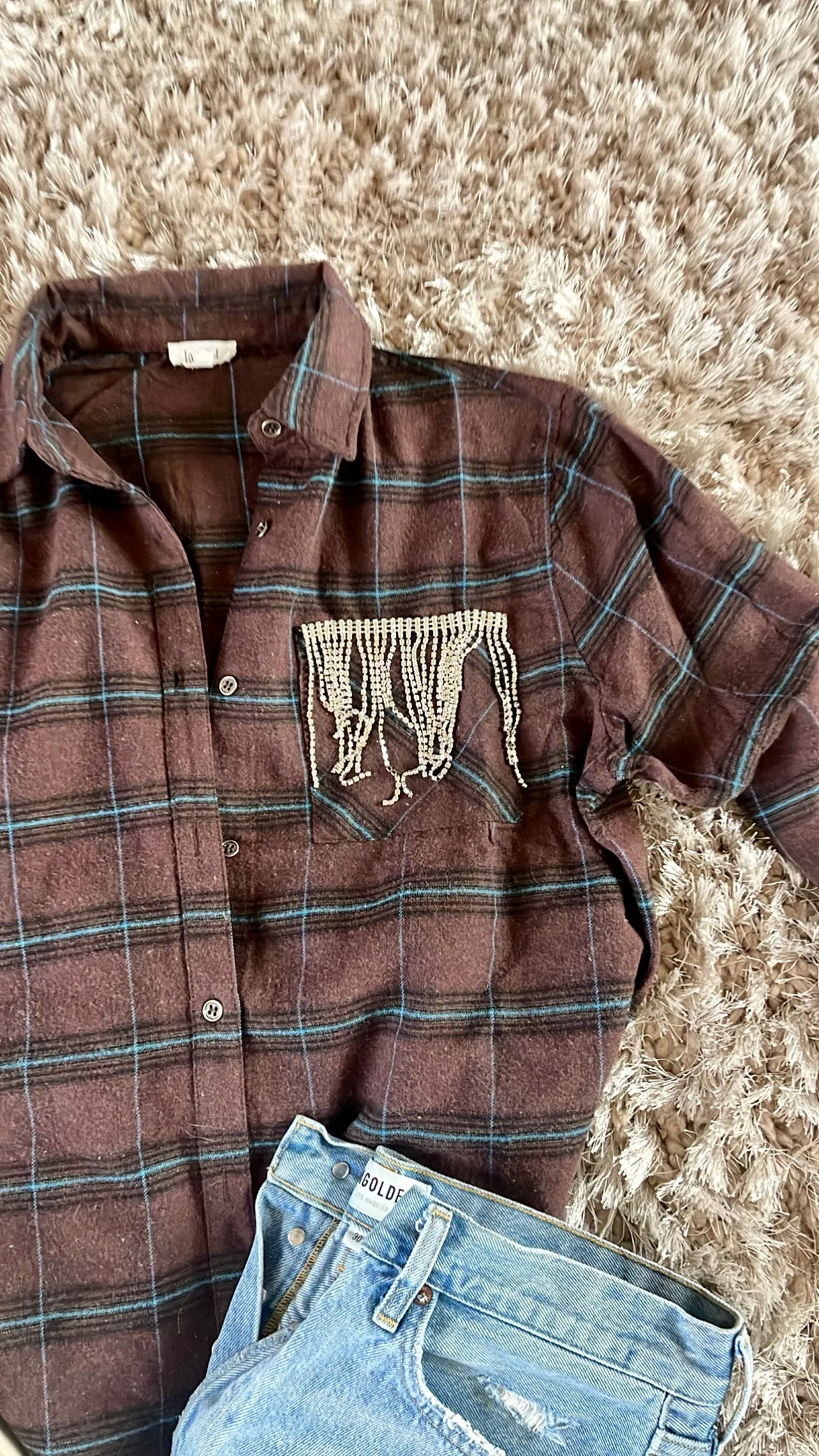 New Color! GB ORIGINAL!! Rhinestone Fringe Flannel in Chocolate