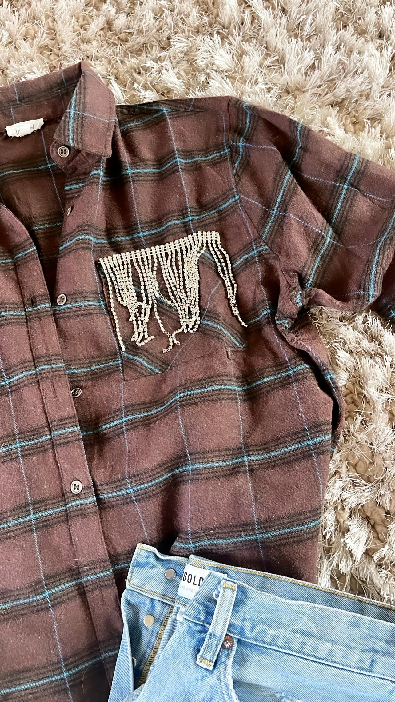 New Color! GB ORIGINAL!! Rhinestone Fringe Flannel in Chocolate