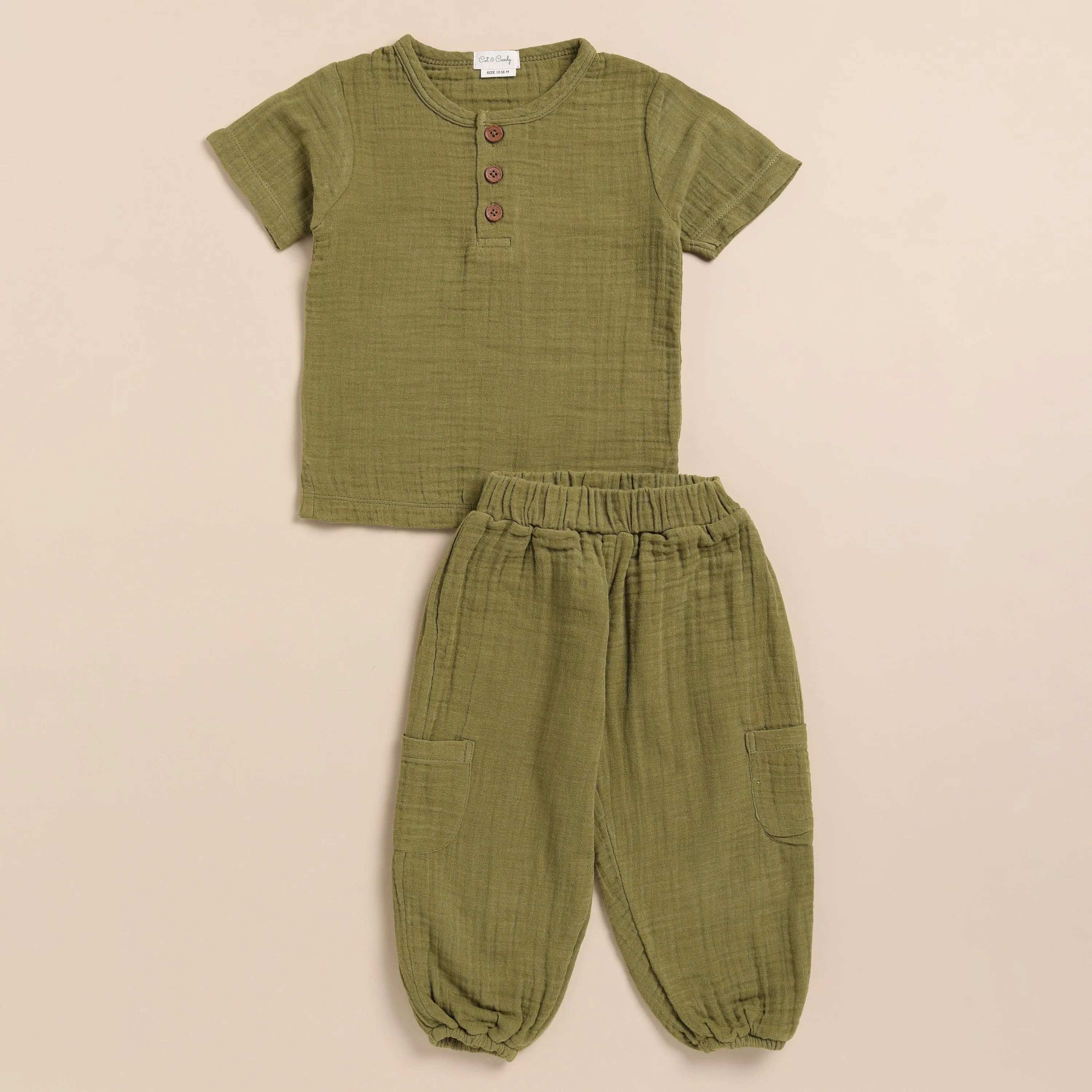 Olive Organic Muslin Short Sleeve Henley Tshirt With Lounge Pant Set