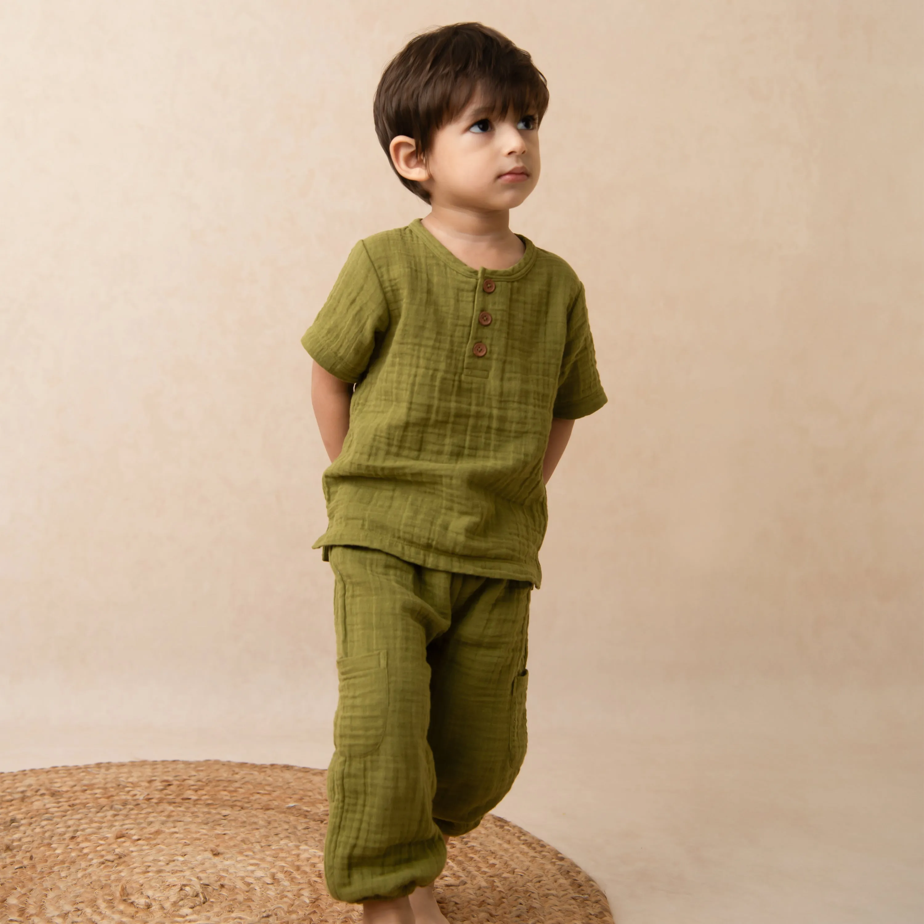 Olive Organic Muslin Short Sleeve Henley Tshirt With Lounge Pant Set