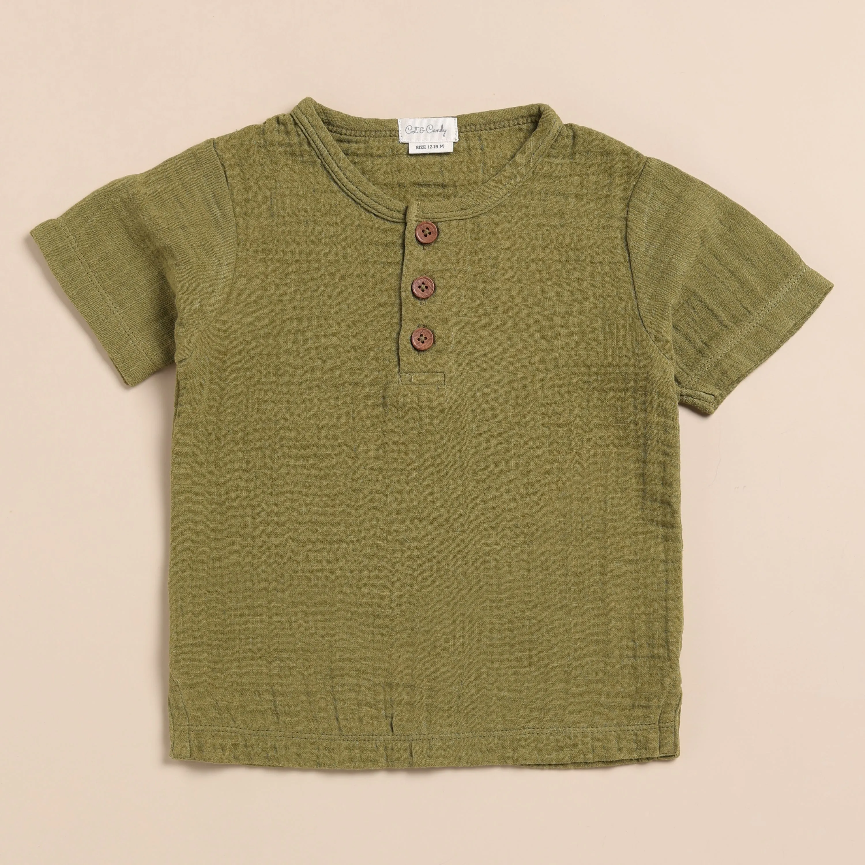 Olive Organic Muslin Short Sleeve Henley Tshirt With Lounge Pant Set