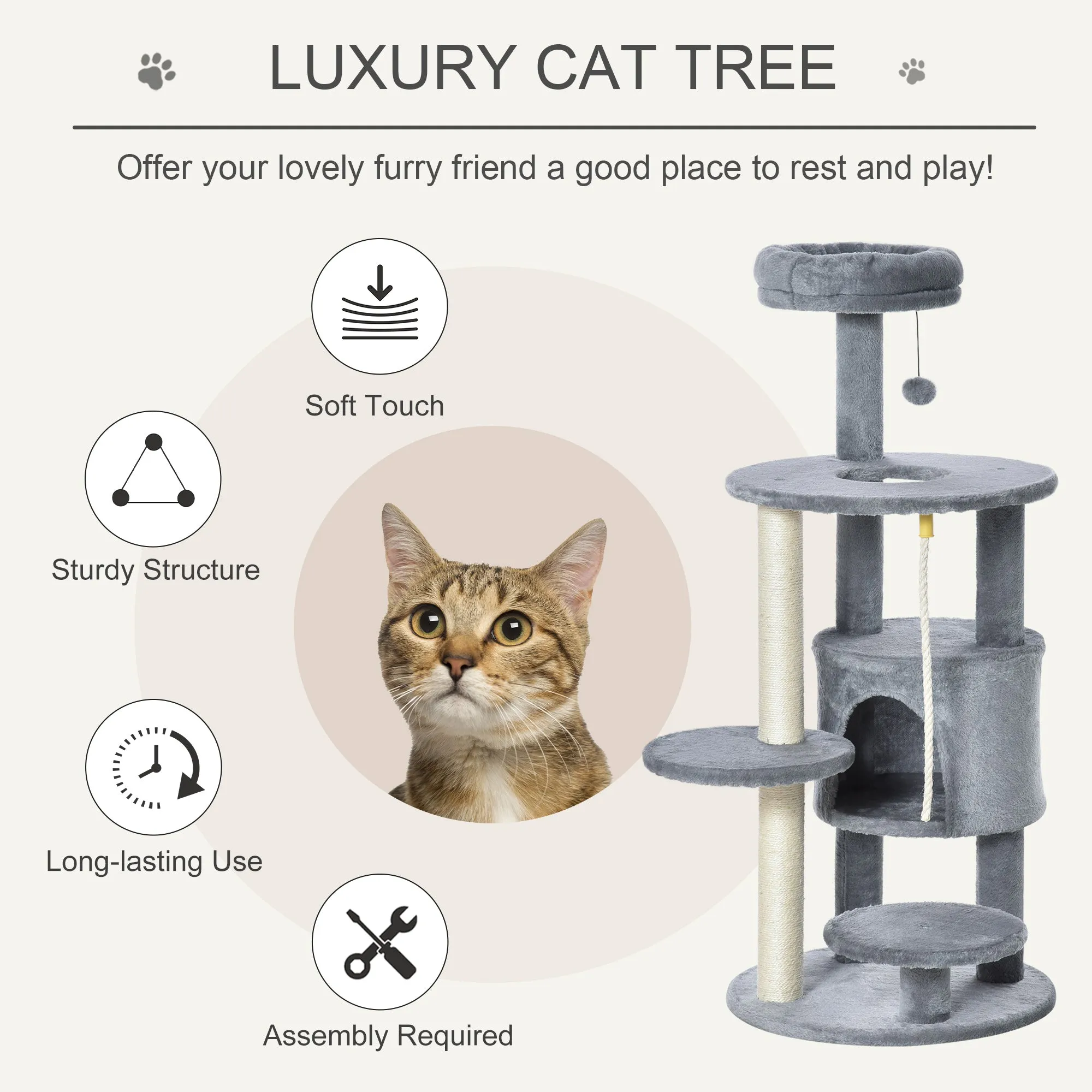 PawHut Cat Tree Tower Activity Center with Hanging Ball Toy Teasing Rope 112cm