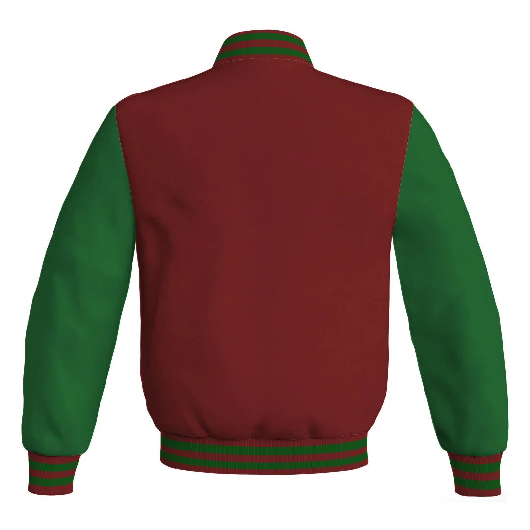 Personalized Varsity Jacket Maroon Body and Green Leather Sleeves Bomber Jacket