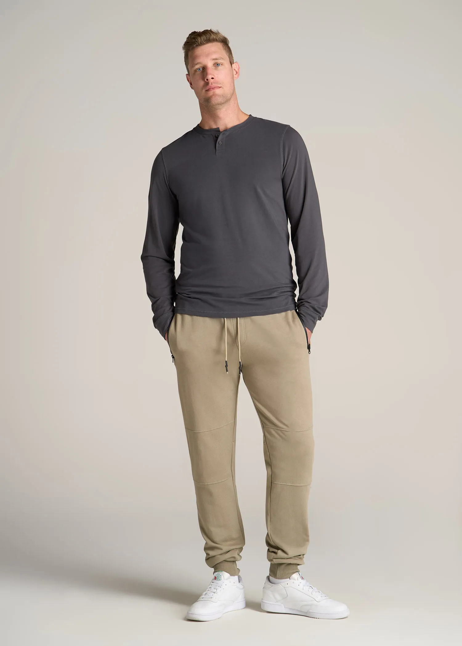 Pima Stretch Knit Henley Shirt for Tall Men in Iron Grey