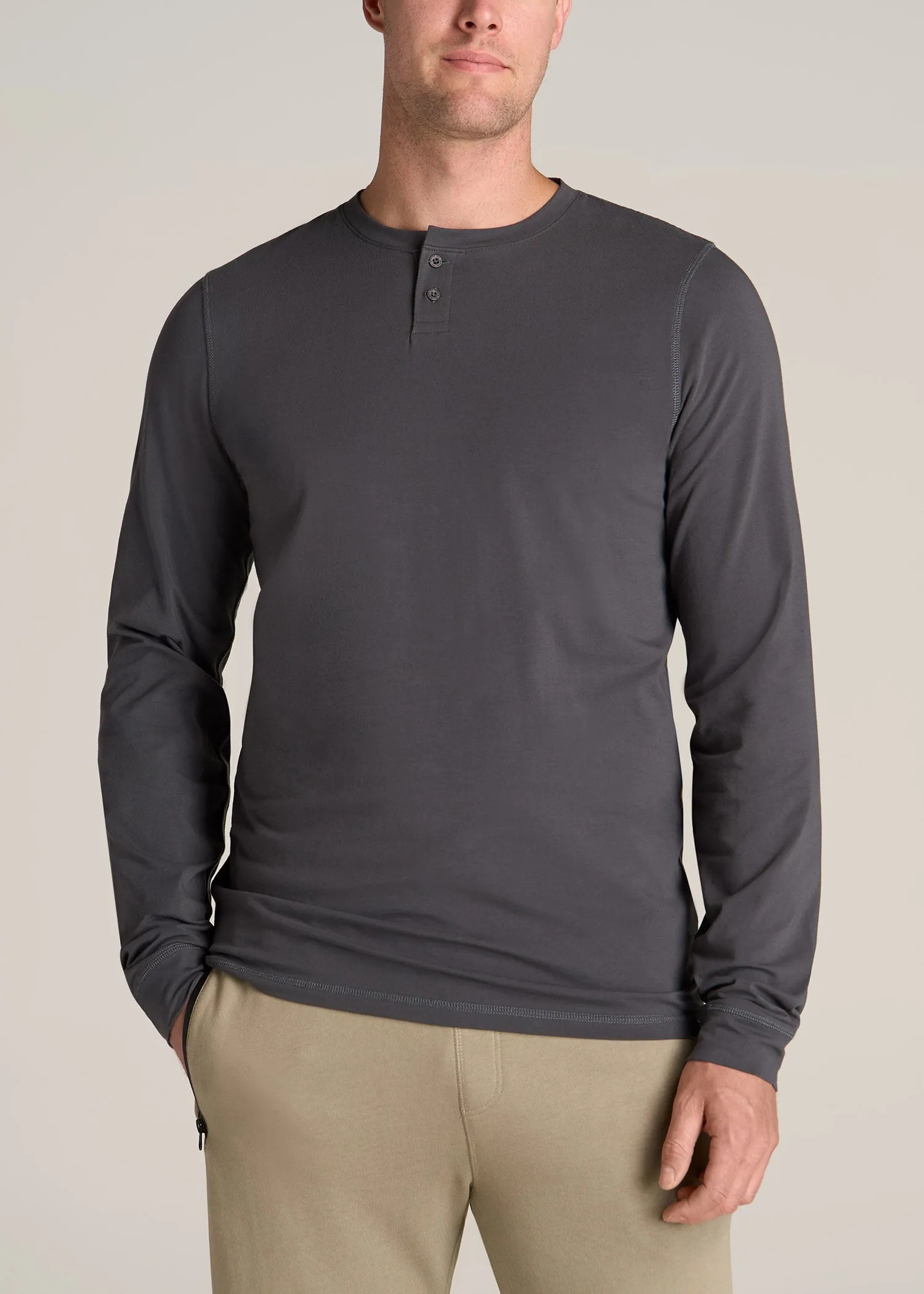 Pima Stretch Knit Henley Shirt for Tall Men in Iron Grey