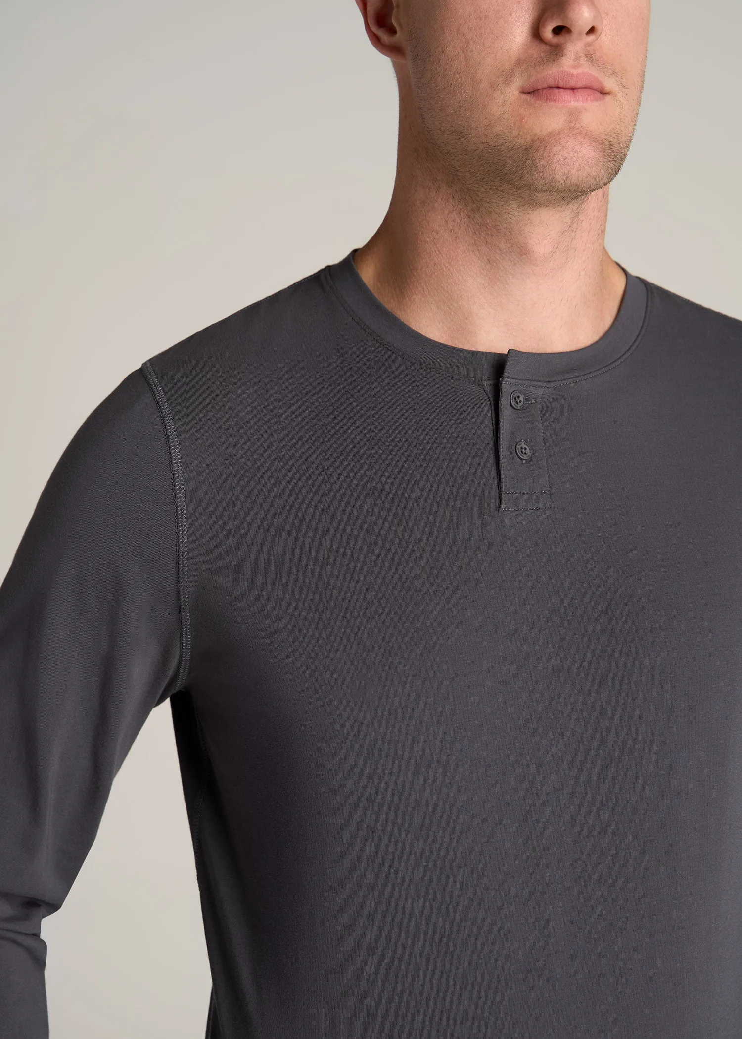 Pima Stretch Knit Henley Shirt for Tall Men in Iron Grey