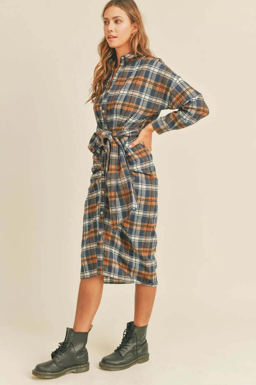 Plaid Flannel Front Tie Shirt Dress