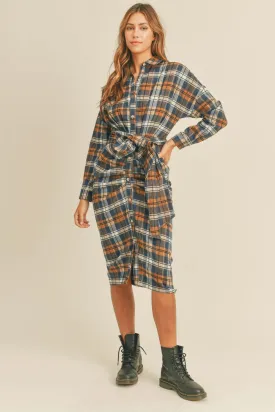 Plaid Flannel Front Tie Shirt Dress